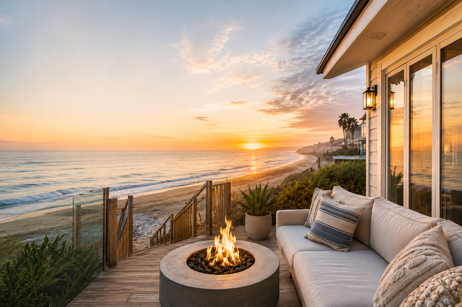 Sunset from a beachfront deck with a fire pit